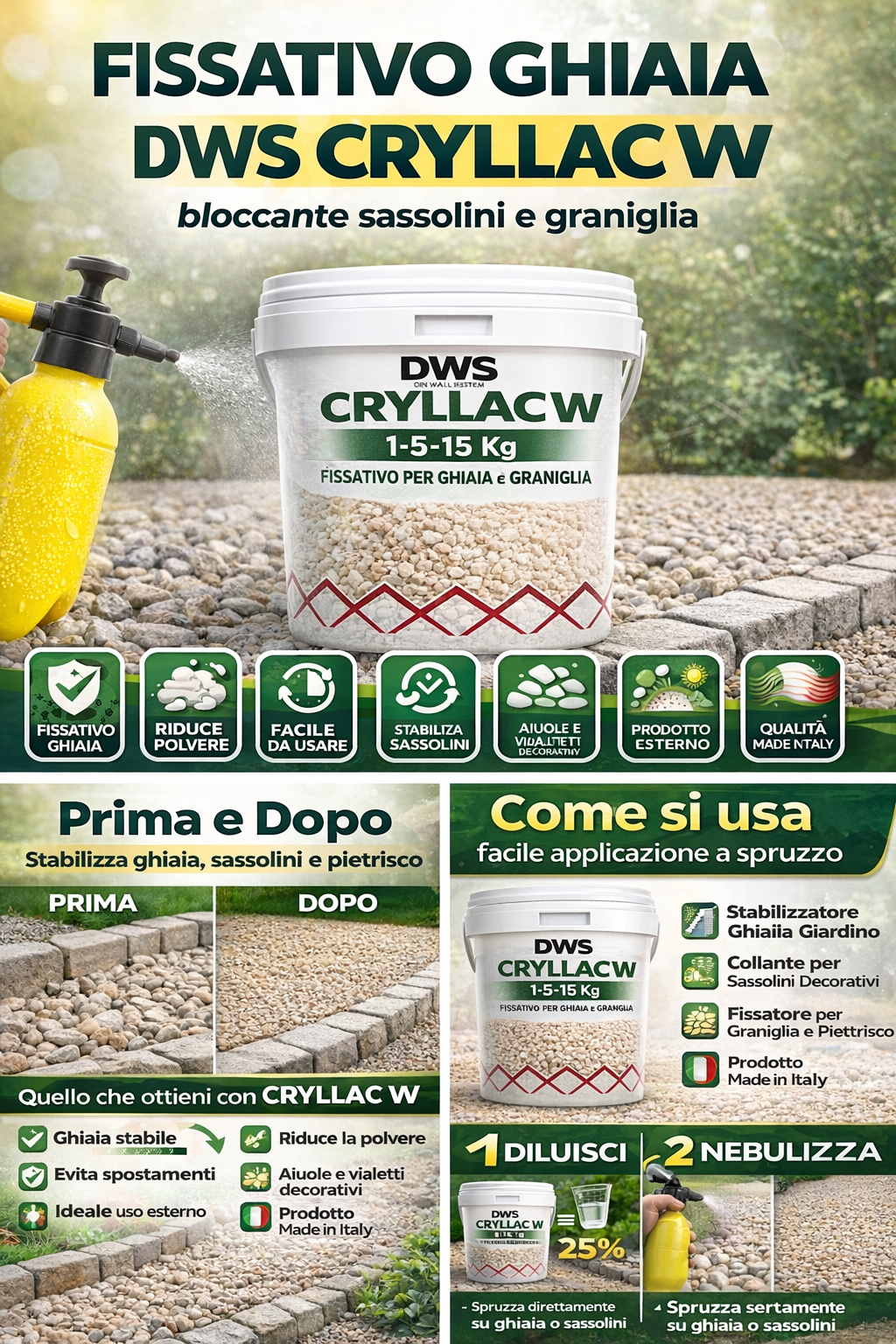 Fissativo Ghiaia CRYLLAC W 1-5-15 Kg | Collante Sassolini Graniglia | Stabilizza - immagine 2